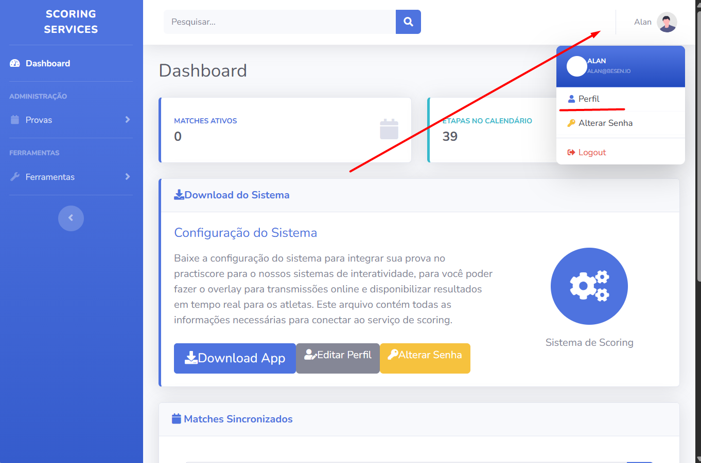 Profile menu in the admin panel