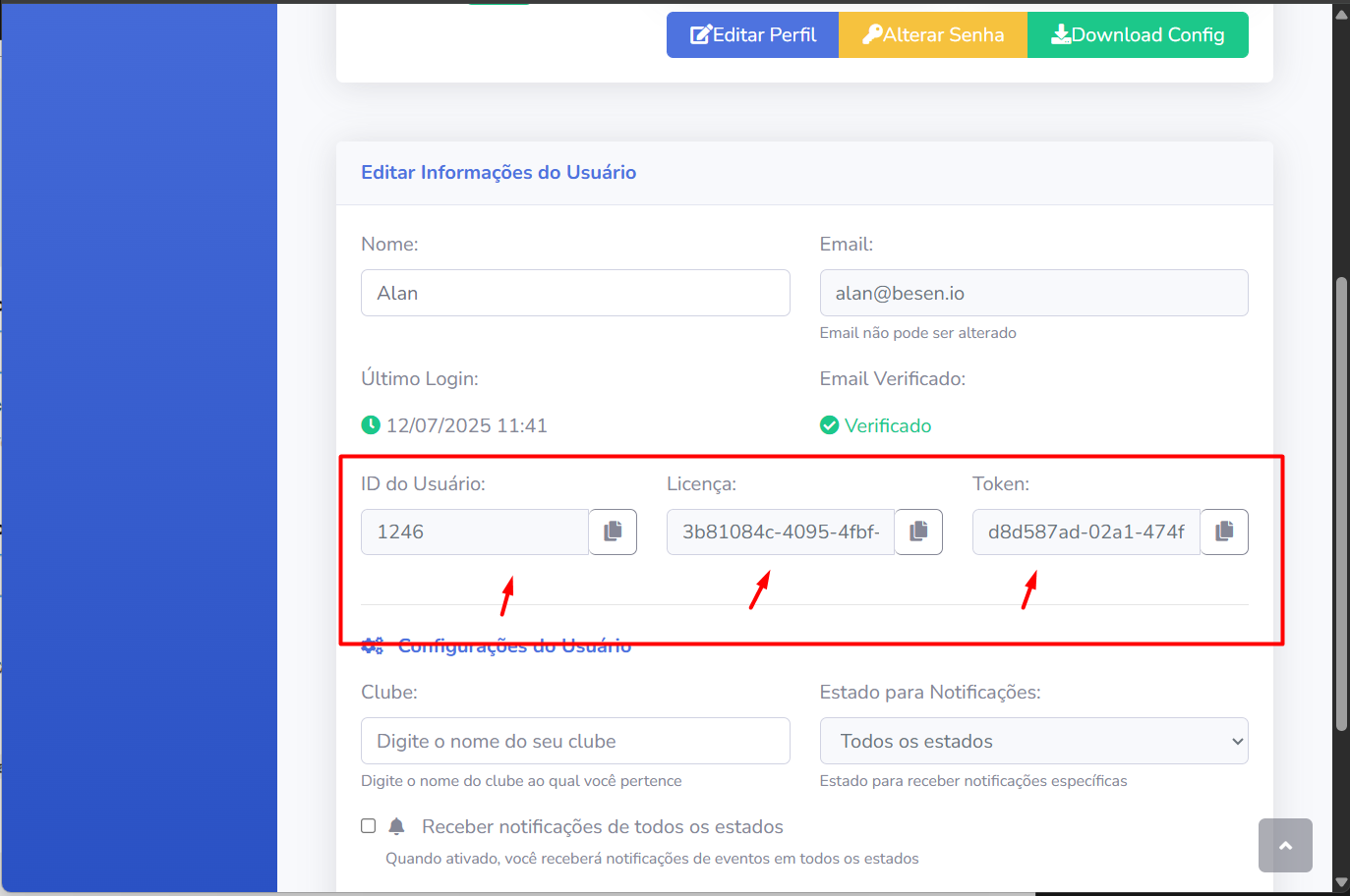 License, Token and User ID credentials in profile