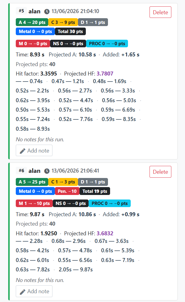Histórico da passada com splits do timer salvos
