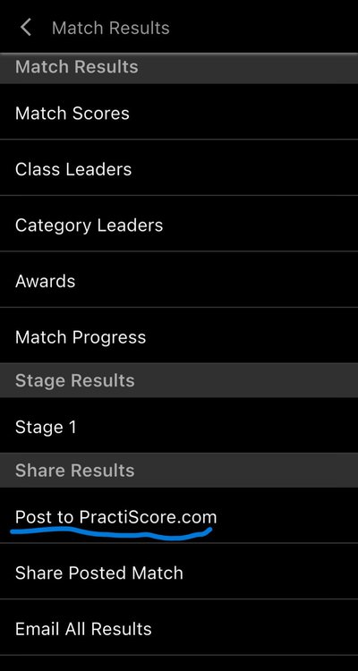 Menu Match Results com Post to PractiScore.com destacado